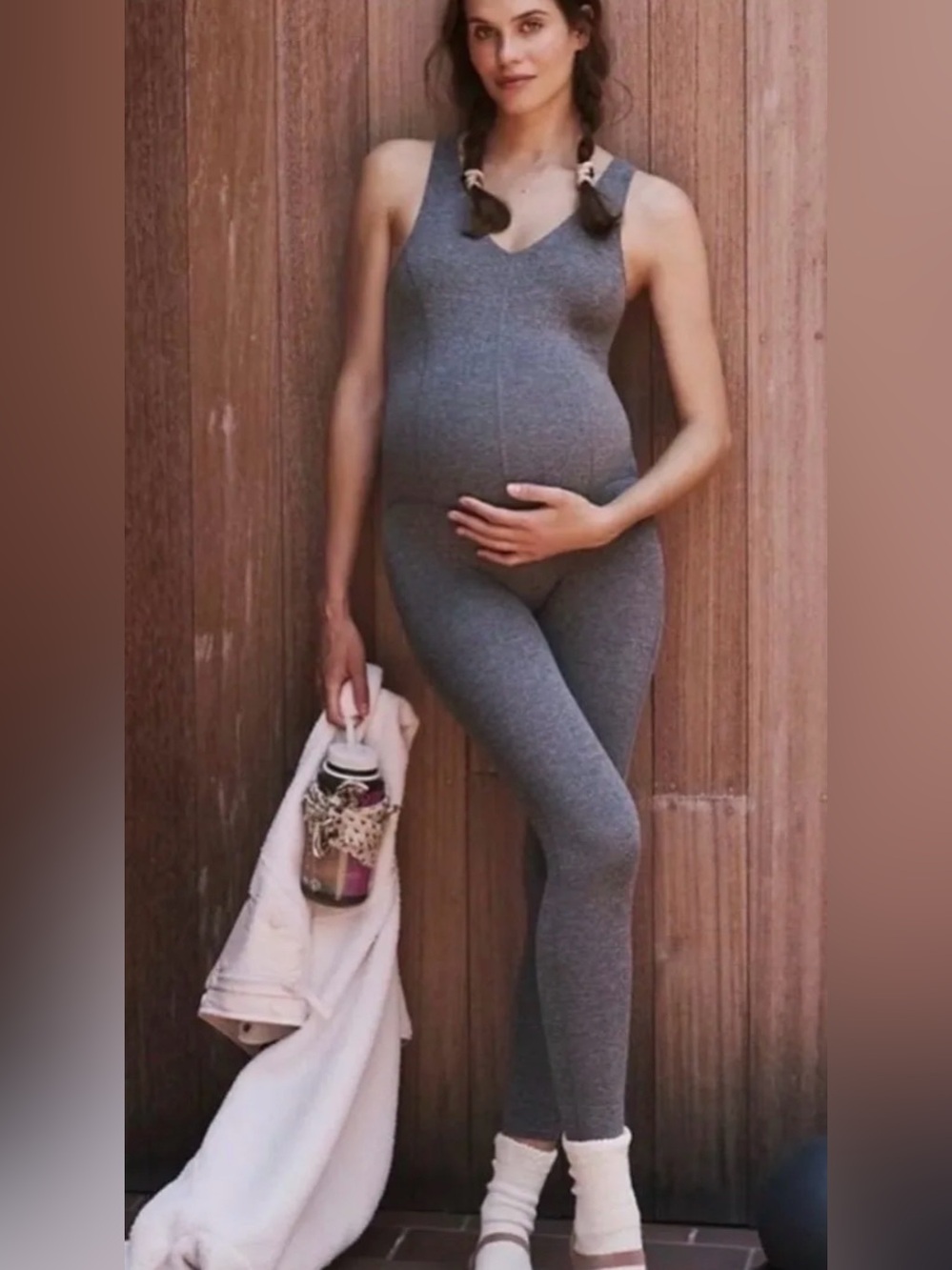 Stretch Ribbed Maternity Jumpsuit - Gray